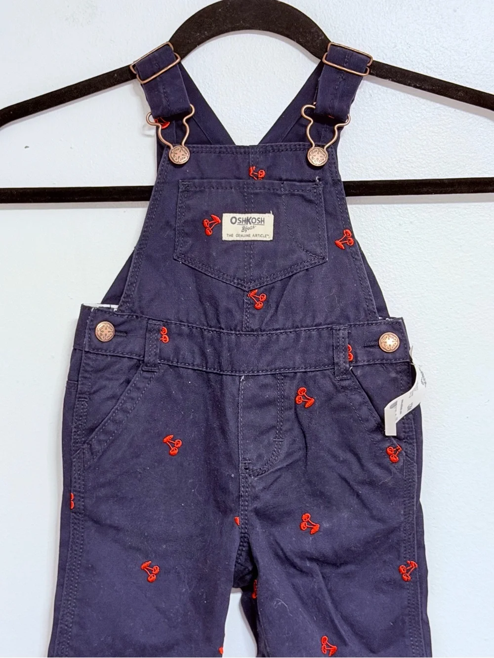 OshKosh Baby/Toddler Denim Overalls Dark Blue with Cherries Size 12 Months NWT